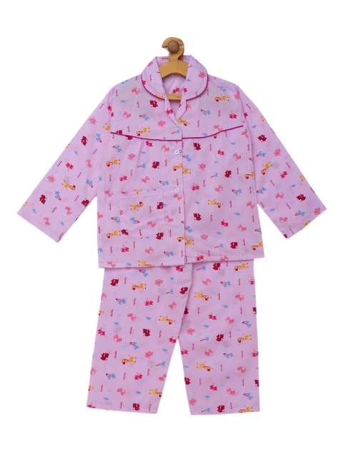 

Fuzzy Bear Girls Pink Cotton Printed Nightsuit