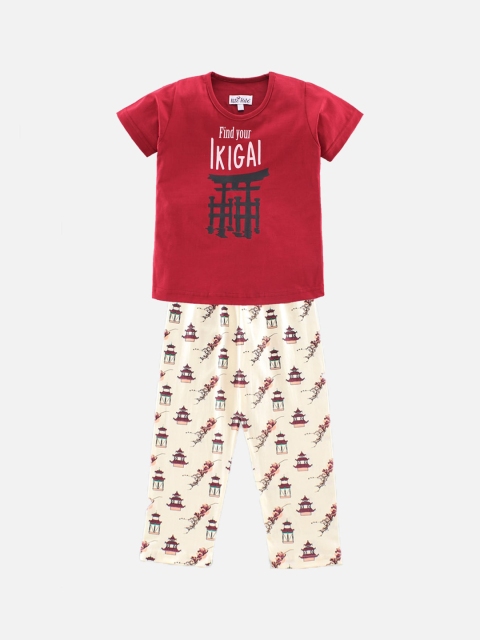 

Nite Flite Girls Maroon & Cream-Coloured Ikigai Printed Pyjama Set