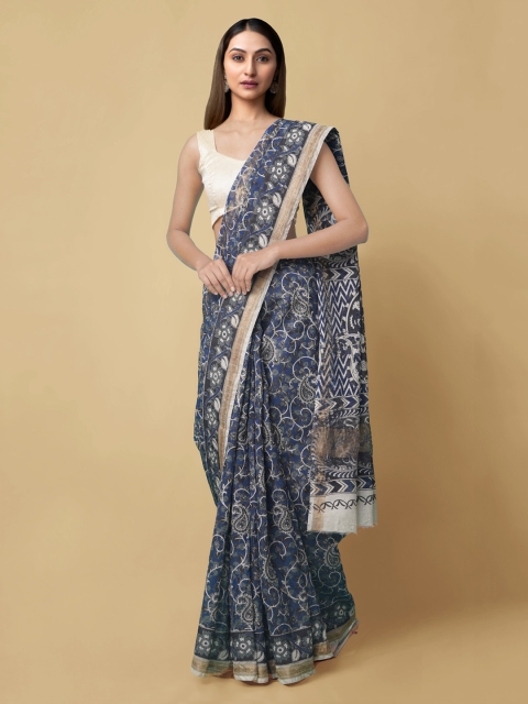 

Unnati Silks Blue Silk Cotton Printed Chanderi Saree