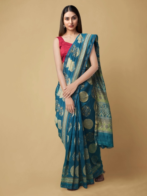 

Unnati Silks Blue Silk Cotton Printed Chanderi Saree