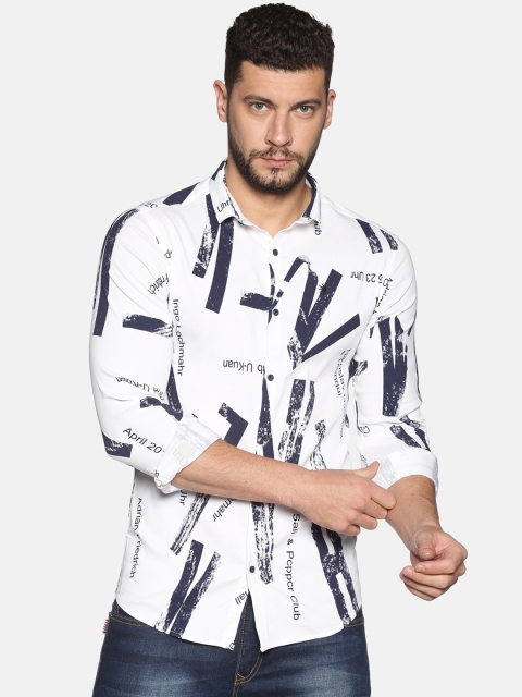 SHOWOFF Men White Slim Fit Printed Casual Shirt