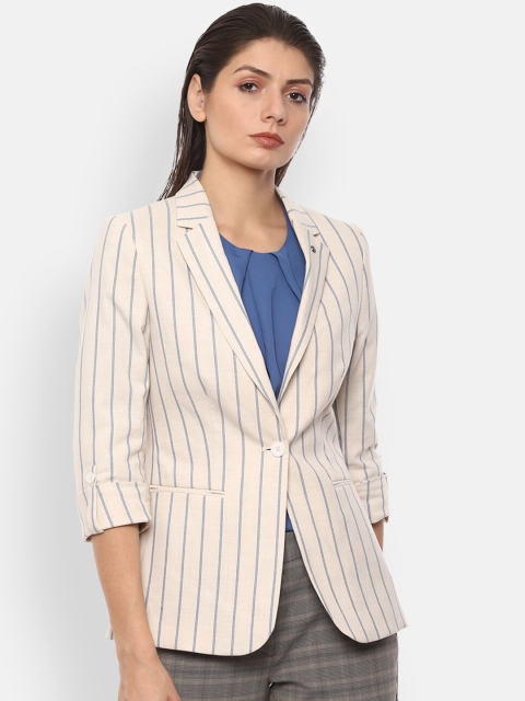 

Van Heusen Woman Women Beige & Grey Striped Single-Breasted Formal Blazer
