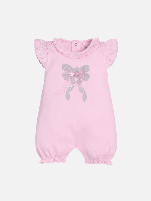 

BABY GO Infant Kids Pink & Grey Printed Cotton Romper