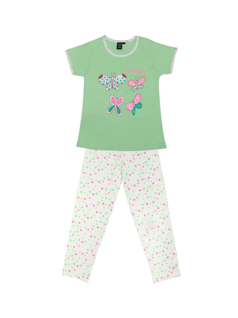 

Todd N Teen Girls Green & Off-White Printed Night suit