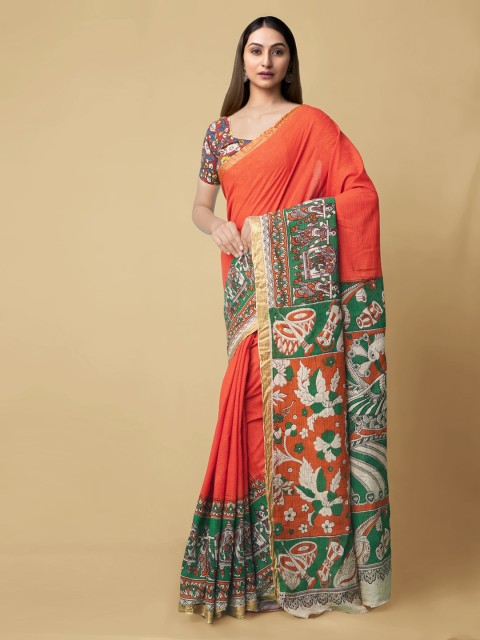 

Unnati Silks Orange & Green Pure Cotton Printed Kanjeevaram Saree