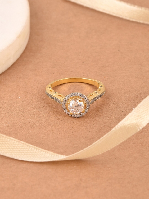 

Tistabene Gold-Plated & White Stone-Studded Solitaire Finger Ring
