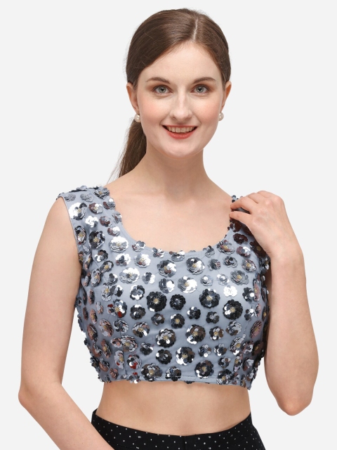 

Fab Dadu Women Grey Embellished Net Readymade Saree Blouse
