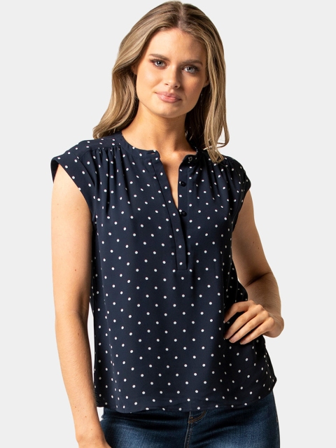 

Forever New Navy Blue Printed Mandarin Collar Regular Top