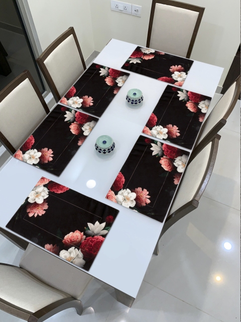 

HomeStorie Set of 6 Black & Red Floral Digital Printed Table Placemats
