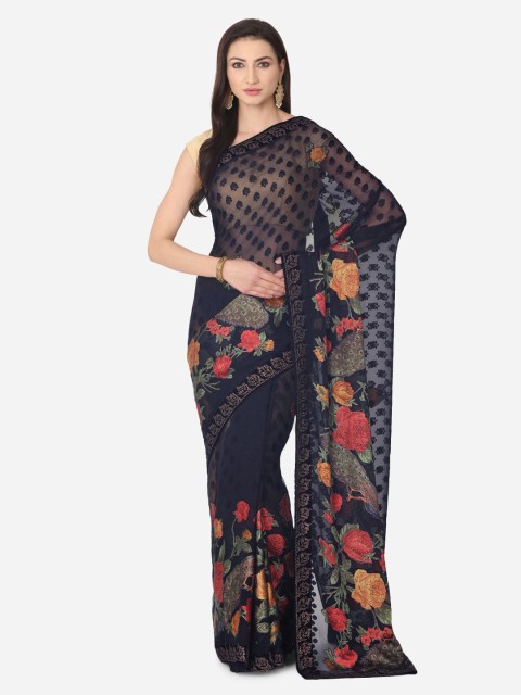 

BOMBAY SELECTIONS Navy Blue & Red Brasso Printed Saree