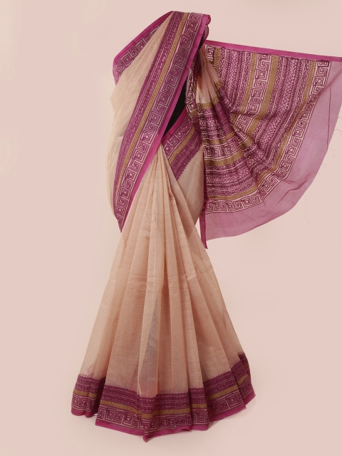 

Pothys Cream-Coloured & Magenta Supernet Printed Saree