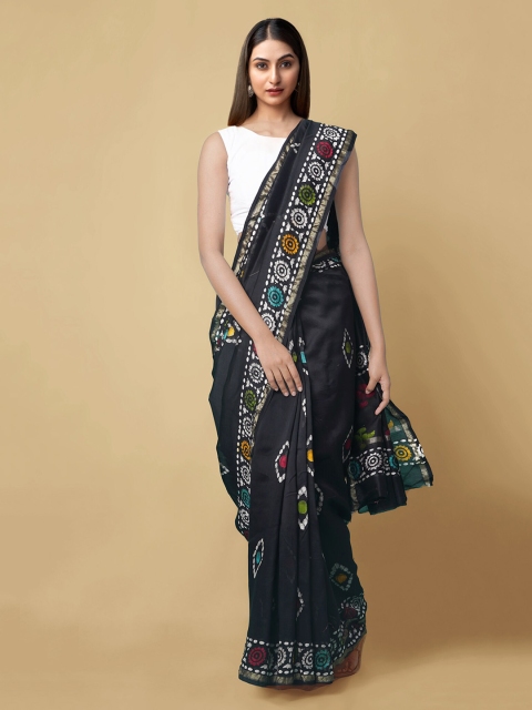 

Unnati Silks Black & Off-White Silk Cotton Printed Chanderi Saree