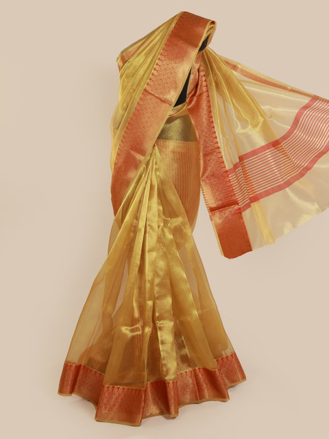 

Pothys Gold-Toned & Orange Tissue Woven Design Saree