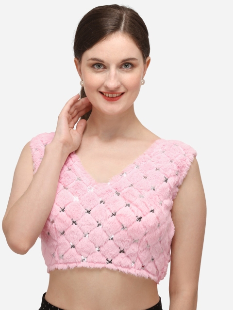 

Fab Dadu Women Pink & Silver-Coloured Embellished Velvet Readymade Blouse