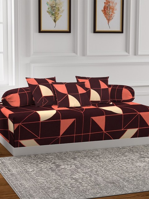 

KLOTTHE Set Of 6 Brown & Orange Geometric Printed Bedsheet With Bolster & Cushion Covers