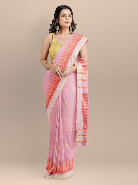 

BharatSthali Pink & Yellow Pure Cotton Woven Design Taant Handloom Saree