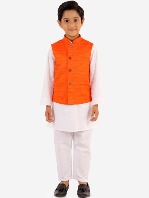 

VASTRAMAY Boys White & Orange Solid Kurta with Pyjamas & Nehru Jacket
