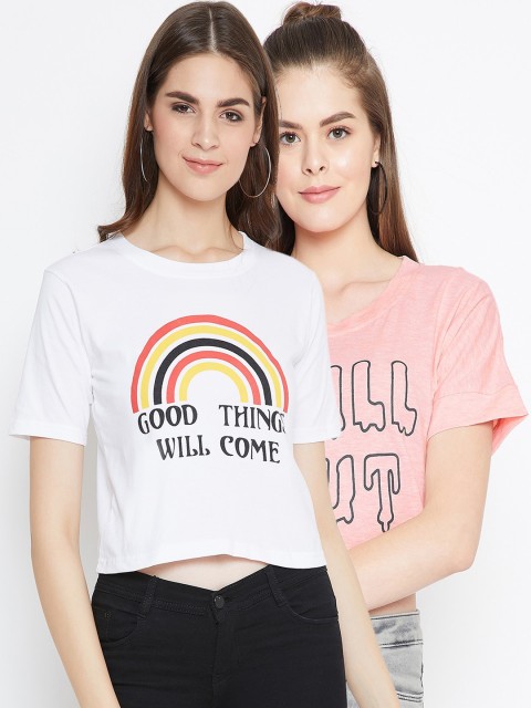 

Chrome & Coral Pack of 2 White & Pink Printed Pure Cotton Regular Crop Top
