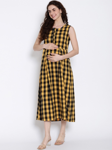 

The Vanca Women Yellow Checked Fit and Flare Dress