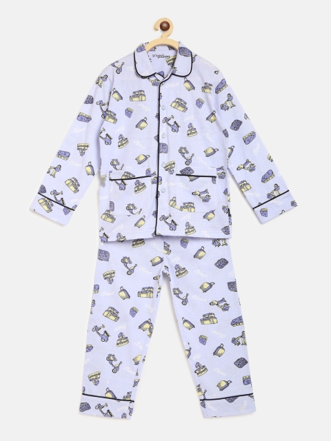 

Lil Tomatoes Unisex Kids Lavender & Yellow Printed Night suit