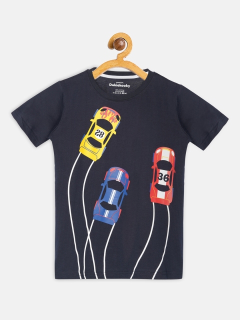 

DukieKooky Boys Navy Blue Multi Car Printed Round Neck T-shirt