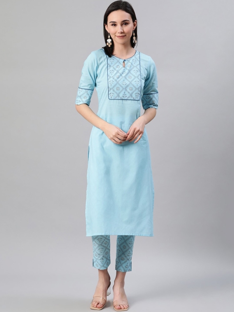 

ZIYAA Women Blue Yoke Design Kurta with Trousers