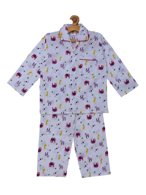 

Fuzzy Bear Boys White & Red Printed Night suit