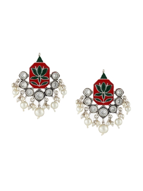 

Adwitiya Collection Silver-Toned & Red Oxidised Classic Studs