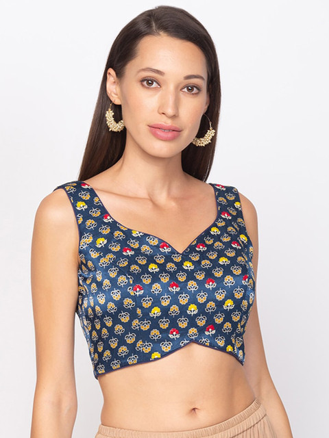 

Salwar Studio Blue & Yellow Printed Fitted Crop Top
