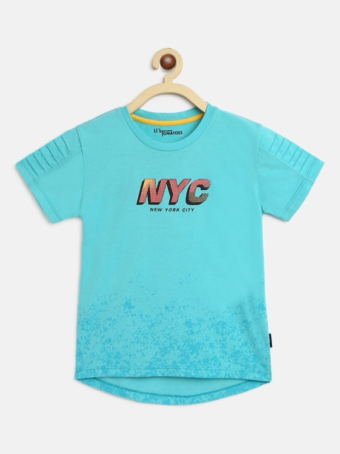 

Lil Tomatoes Boys Turquoise Blue Printed Round Neck T-shirt