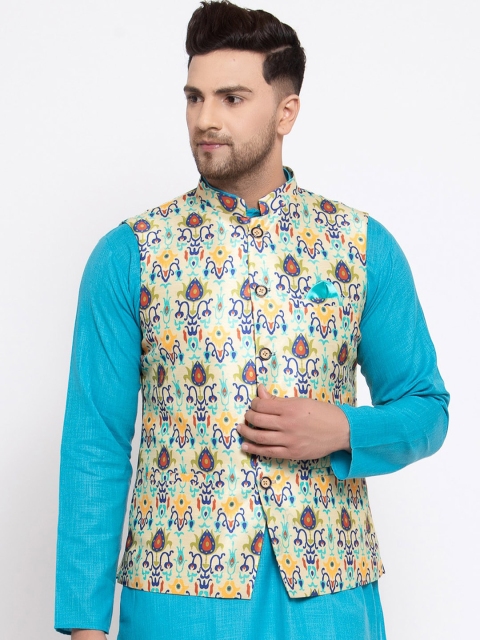 

MAXENCE Men Cream Coloured & Blue Printed Nehru Jacket