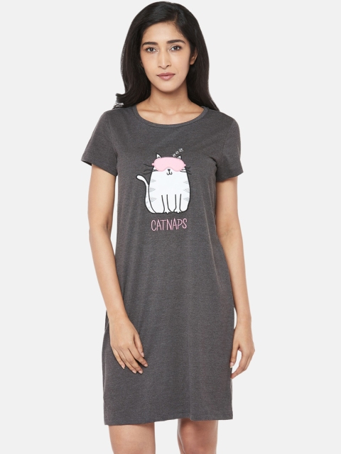 

Dreamz by Pantaloons Women Grey & White Cat Print Pure Cotton Nightdress