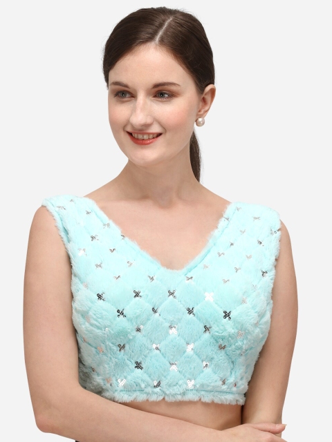 

Fab Dadu Women Blue & Silver-Coloured Embellished Velvet Readymade Saree Blouse
