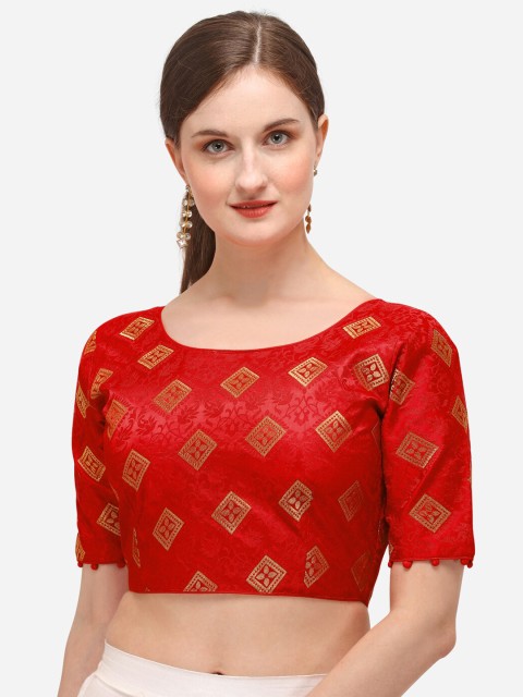 

Fab Dadu Women Red & Gold-Coloured Woven-Design Jacquard Saree Blouse