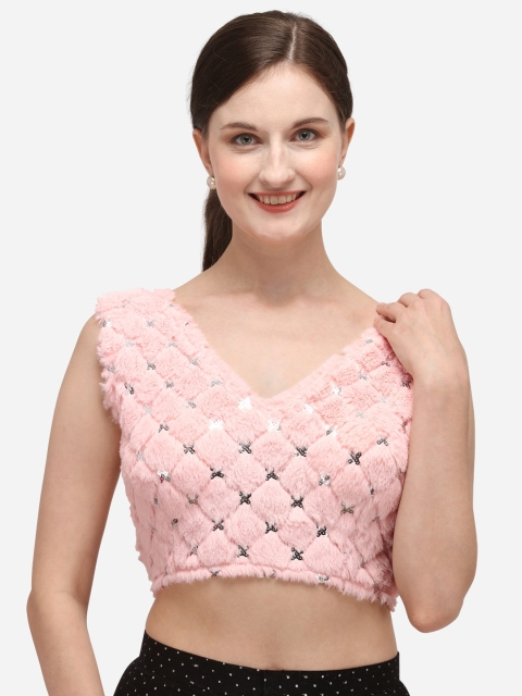 

Fab Dadu Women Pink & Silver-Coloured Sequin Embellished Velvet Readymade Saree Blouse