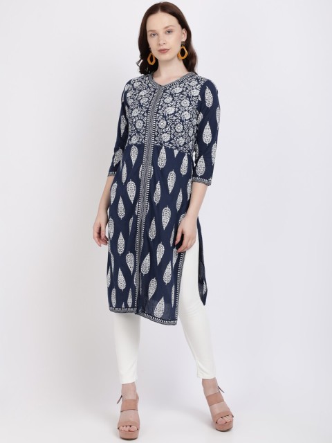 

Vedic Women Navy Blue & White Ethnic Motifs Printed V-Neck Cotton Kurta