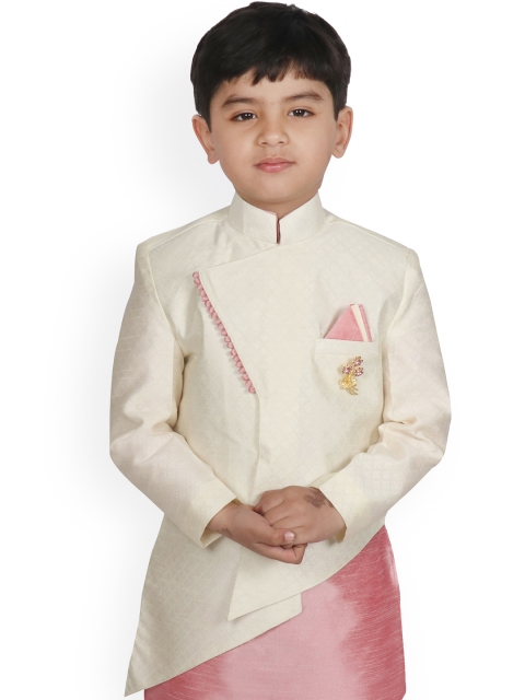 

SG YUVRAJ Boys Cream-Coloured Self Design Open Front Jacket
