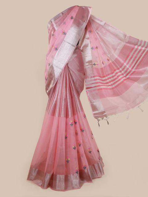 

Pothys Pink & Silver-Toned Tissue Embroidered Saree