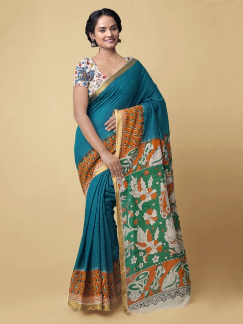 

Unnati Silks Blue & Off-White Pure Cotton Printed Kanjeevaram Saree
