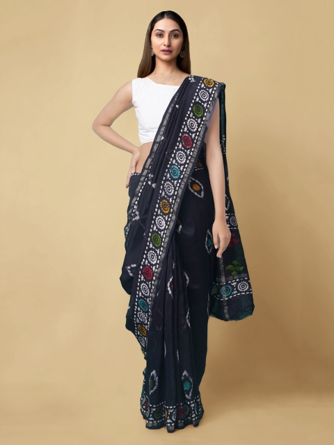 

Unnati Silks Navy Blue Silk Cotton Batik Printed Chanderi Saree