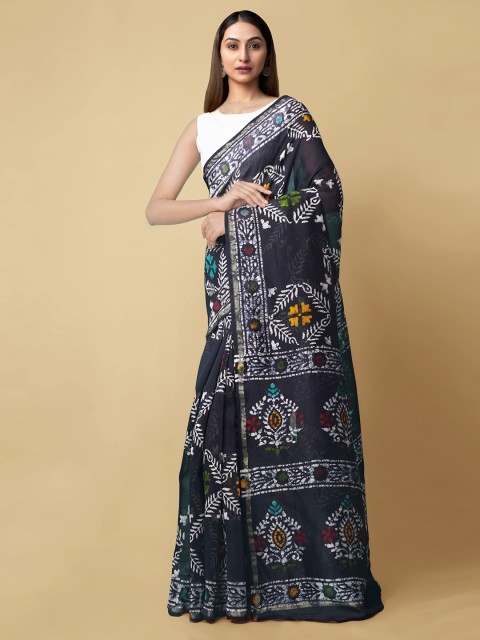 

Unnati Silks Navy Blue Silk Cotton Printed Chanderi Saree