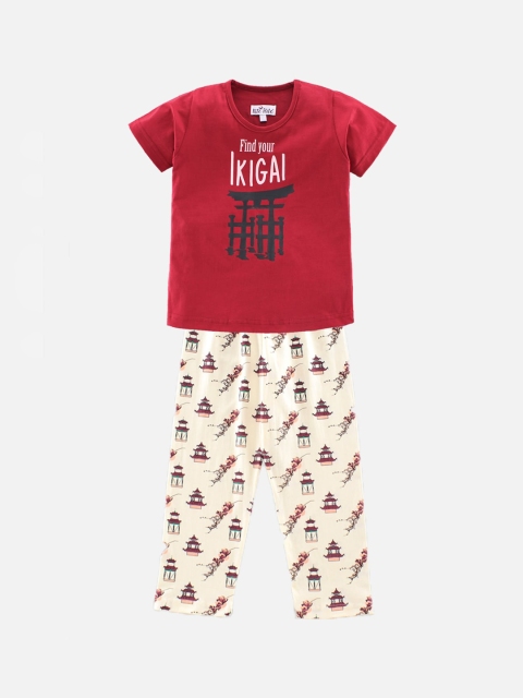 

Nite Flite Girls Maroon & Off-White Printed Night suit