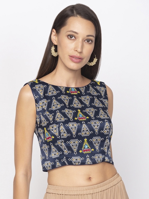 

Salwar Studio Blue & Off White Printed Fitted Crop Top