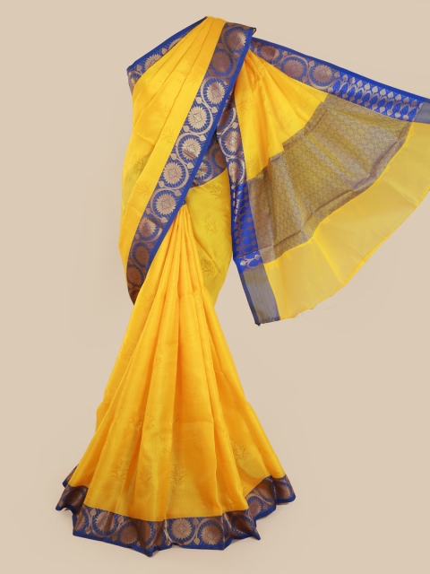

Pothys Yellow & Blue Cotton Blend Solid Saree