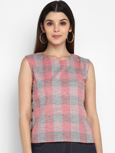 

Fbella Peach-coloured & Grey Checked A-line Top