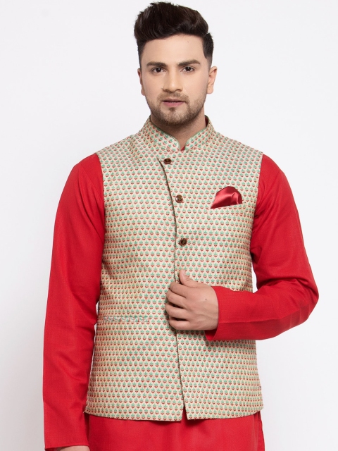 

MAXENCE Men Beige & Red Printed Nehru Jacket