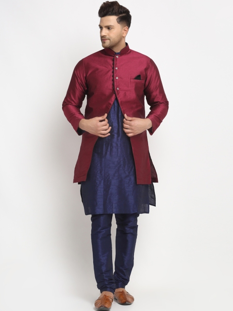 

Benstoke Men Blue & Maroon Solid Kurta with Pyjamas