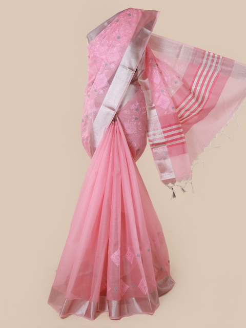 

Pothys Pink & Silver-Toned Tissue Embroidered Saree