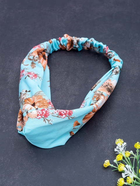 

Golden Peacock Turquoise Blue Floral Printed Knot Design Elasticated Headband