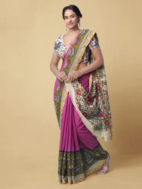 

Unnati Silks Pink Kalamkari Printed Pure Cotton Saree